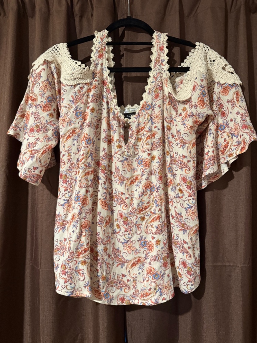 Cream Paisley Crochet-Trim Cold-Shoulder Women's Top